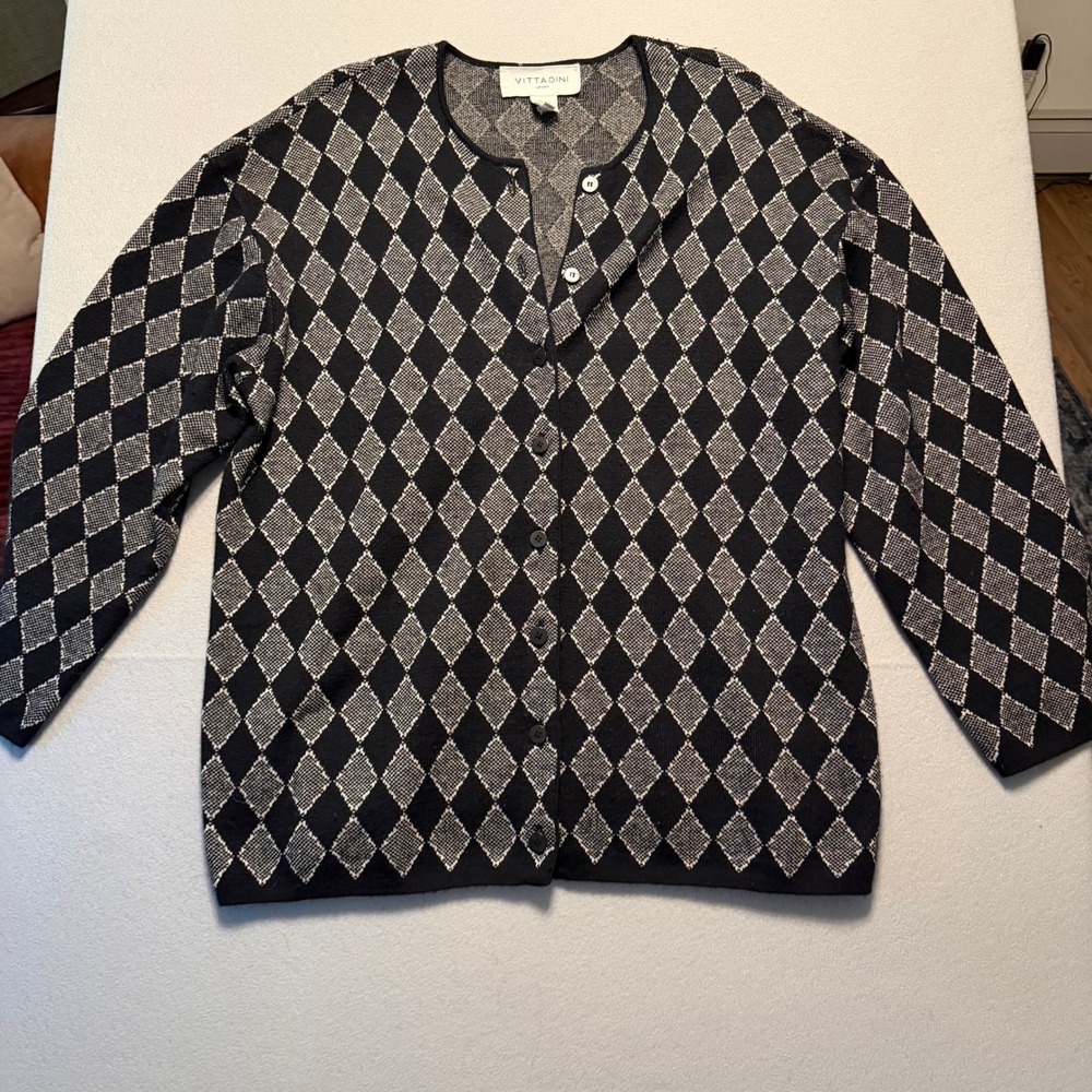Vittadini Sport Argyle Diamond Cardigan Sweater Black White Wool Women Size L